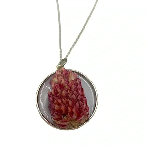 Floral Preservation Art-to-Wear Statement Necklace Gomphrena Resin Pendant 24" - Picture 1 of 5